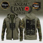 Green ANZAC Day 2026 hoodie with camo sleeves! Features poppy, Australian flag, and text