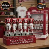 Red and white Alabama Crimson Tide football legend diorama figures with player numbers 12, 73, 82, 55, 2! Base reads YES, I'M OLD BUT I SAW ALABAMA GREATNESS!