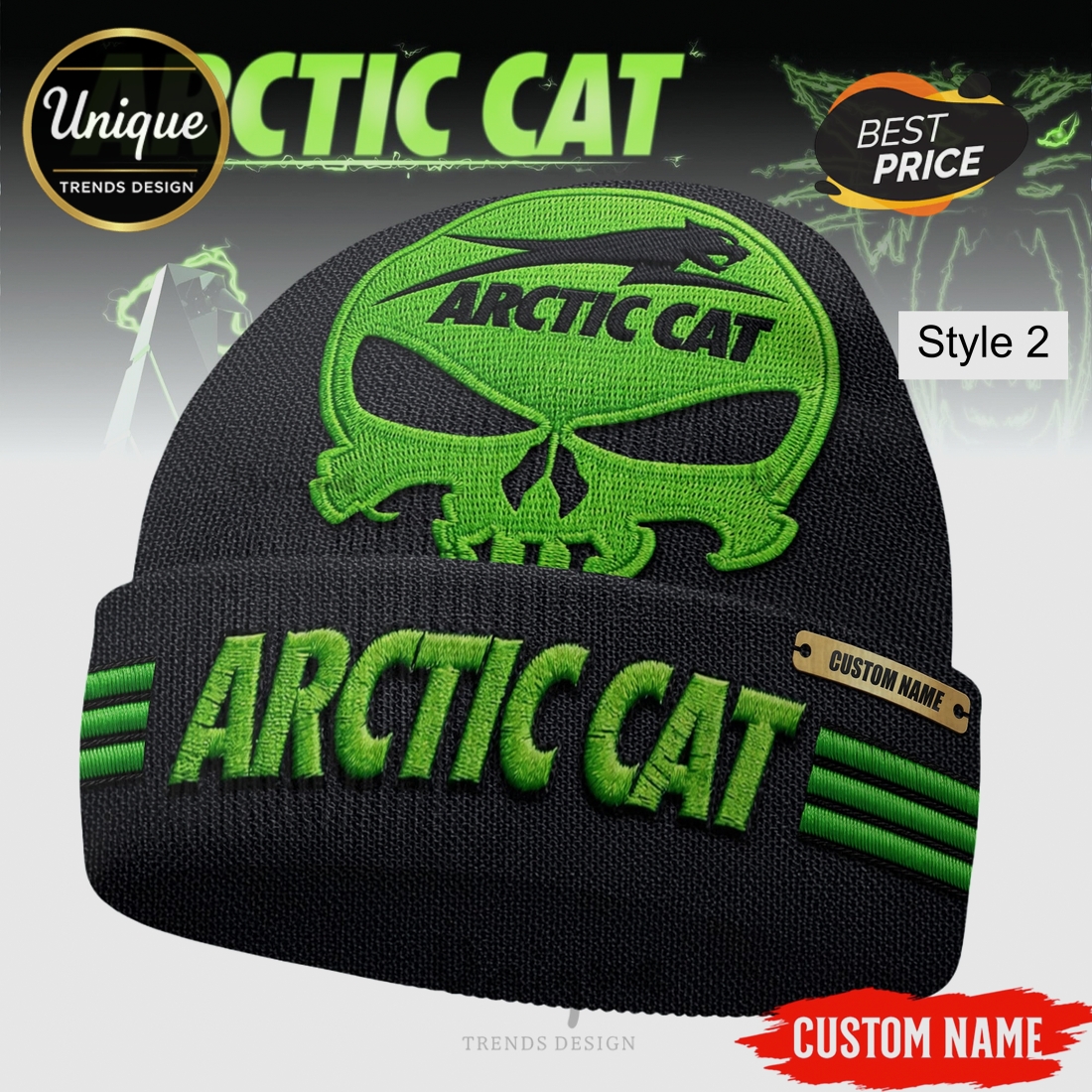 Arctic Cat Embroidered Beanie Hat, Personalized Custom Name Arctic Cat Embroidered Beanie Hat, Personalized Custom Name
