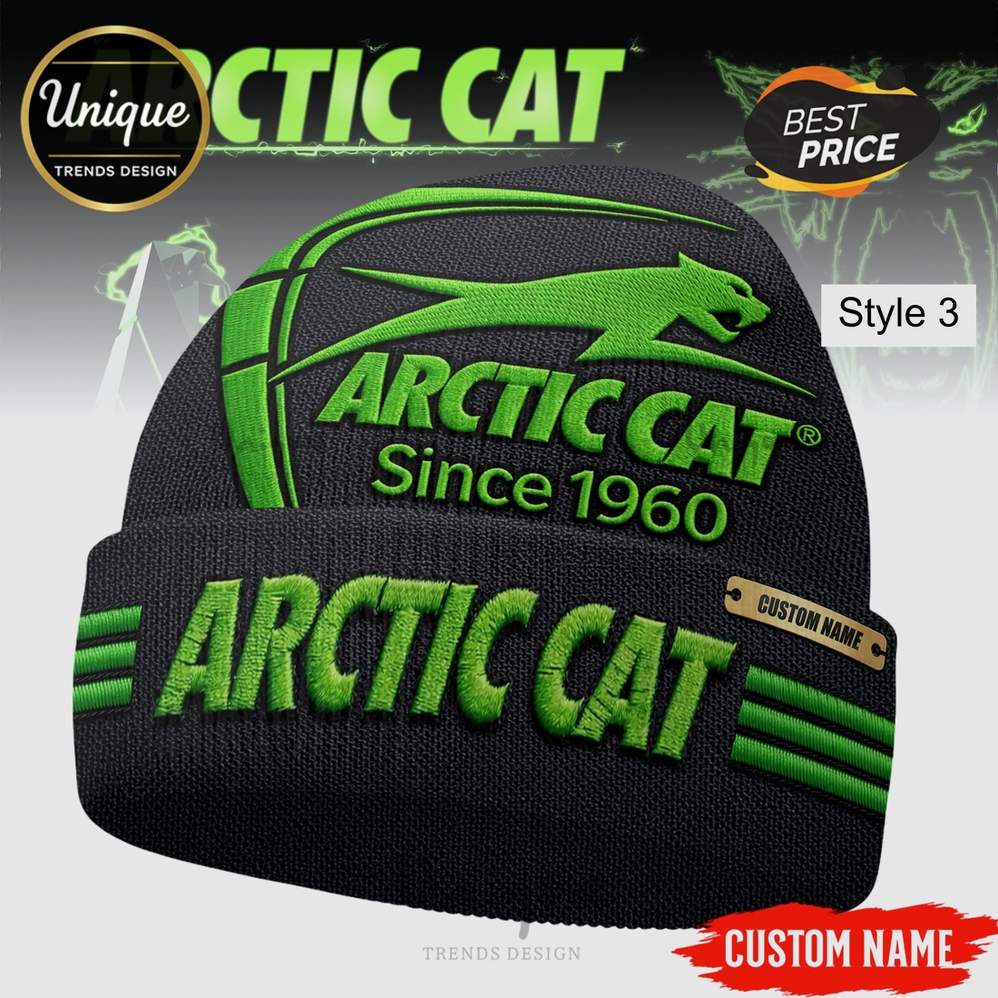 Arctic Cat Embroidered Beanie Hat, Personalized Custom Name Arctic Cat Embroidered Beanie Hat, Personalized Custom Name
