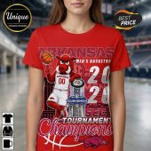 Red Arkansas basketball tee, hog mascot spinning ball, SEC Tournament Champions 2020 text, white and gray design!