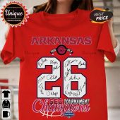 Red tee featuring 'Arkansas' and '26' graphic. Autograph-style signatures and 'SEC Tournament Champions' text complete the design!