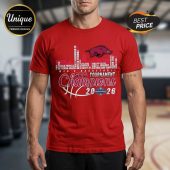 Red SEC Tournament Champions 2026 Men's Basketball t-shirt with Razorback mascot and team roster names!
