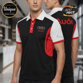 Audi logo on a black, white, and red polo shirt, shown on front and back of a man.!