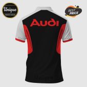 Back view of a polo shirt with the word Audi in red, black center, red side panels, and white shoulders/sleeves.!