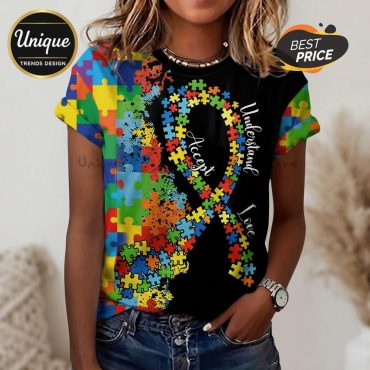 Autism Awareness Puzzle Ribbon Understand Accept Love Graphic T-Shirt