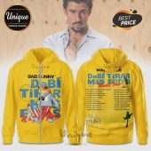 Yellow hoodie: Bad Bunny 'Debí Tirar Más Fotos' World Tour. Features cartoon frog, tour dates, and city names!