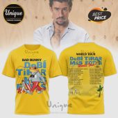 Yellow Bad Bunny tee with tour dates, says 'DeBi TIRAR Mas FOTOS'. Fun, cartoon style graphics and text!