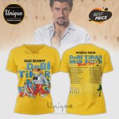 Yellow Bad Bunny tour tee! Features frog cartoon, tour dates, Debi Tirar Mas Fotos text, and Best Price.!