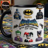 White mug with Batman characters: Batman, Joker, Harley Quinn, Catwoman; text: Sophia, Batman 87th Anniversary 1939-2026!