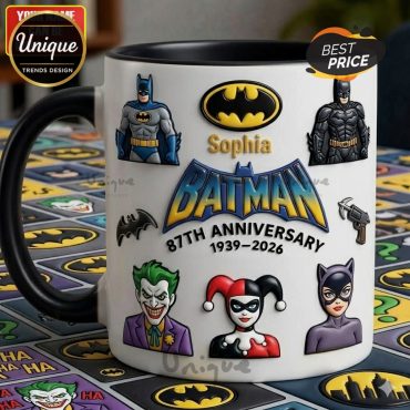 Batman 87th Anniversary Personalized Coffee Mug, Comic Hero Custom Name Cup