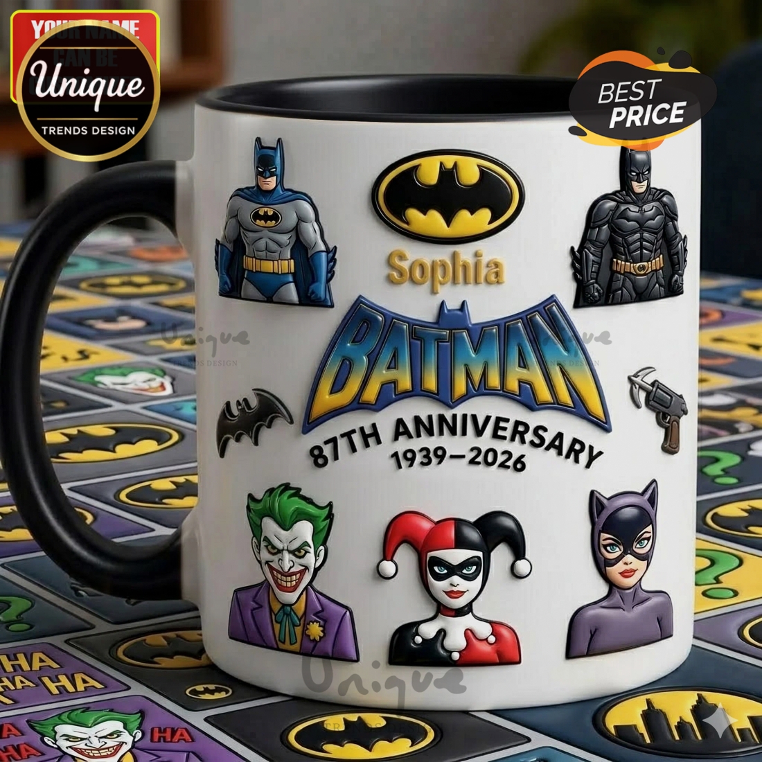 Batman 87th Anniversary Personalized Coffee Mug, Comic Hero Custom Name Cup Batman 87th Anniversary Personalized Coffee Mug, Comic Hero Custom Name Cup