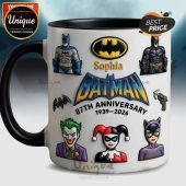 White mug with black handle; Batman 87th Anniversary 1939-2026, Sophia name, Joker, Harley Quinn, Catwoman cartoon art!