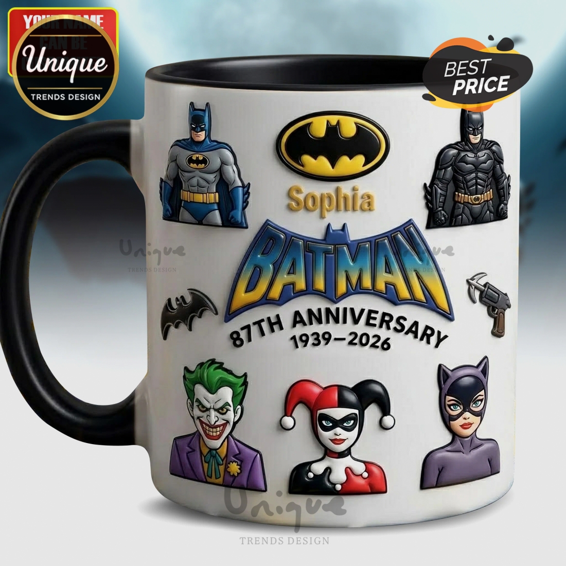 Batman 87th Anniversary Personalized Coffee Mug, Comic Hero Custom Name Cup Batman 87th Anniversary Personalized Coffee Mug, Comic Hero Custom Name Cup