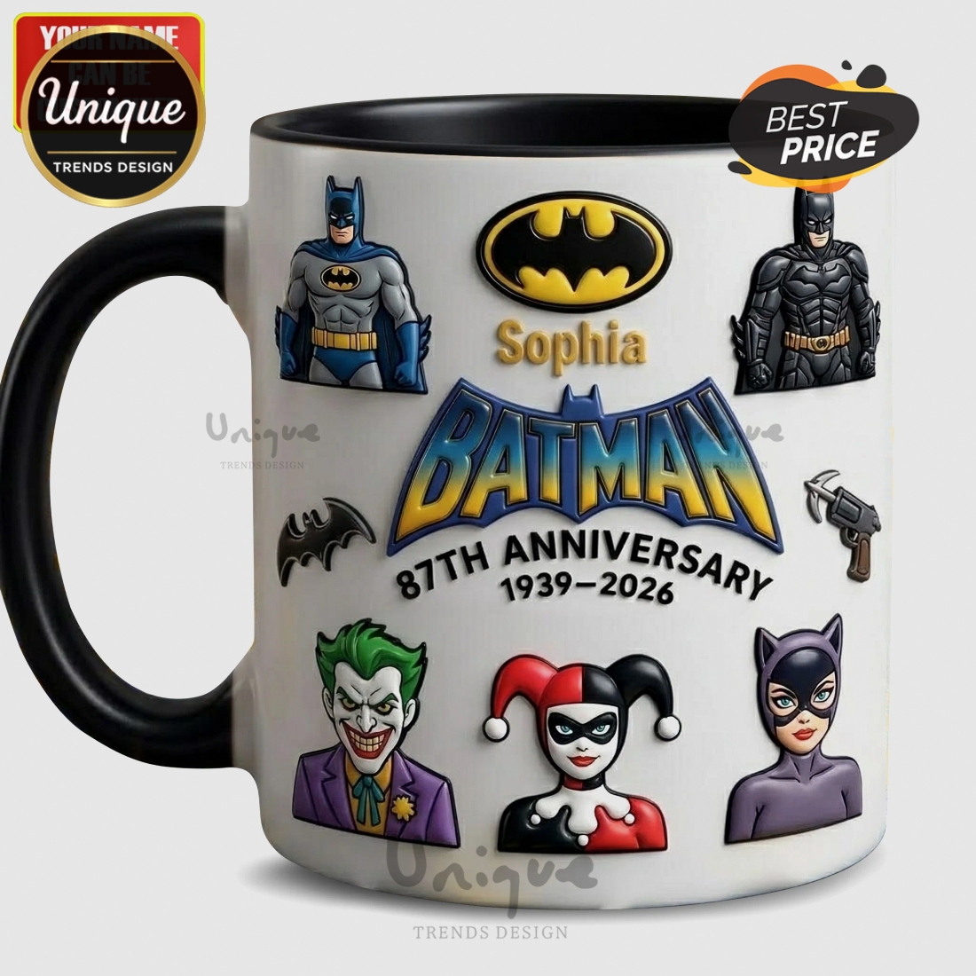 Batman 87th Anniversary Personalized Coffee Mug, Comic Hero Custom Name Cup Batman 87th Anniversary Personalized Coffee Mug, Comic Hero Custom Name Cup