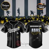 Black Dodgers baseball jersey with BigBang design! Features signatures, yellow crowns, and text: Dodgers, One of a Kind!