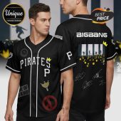 Black baseball jersey with 'PIRATES' and Bigbang image; white letters and trim! Smiley face and peace sign graphics!