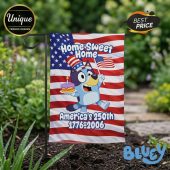 Red white blue patriotic garden flag: Home Sweet Home, America's 250th 1776-2006, dog cartoon art!