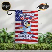 Patriotic yard flag: cartoon dog, stars, stripes, text 'Home Sweet Home', 'America's 250th 1776=2006'. Red, white, blue!