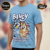 Light blue tee featuring cartoon dogs, 'Bluey', and text 'America's 250th Anniversary' in white, blue, and red print!