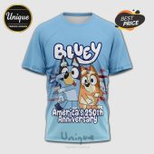 Light blue tee featuring Bluey, Bingo, and 'America's 250th Anniversary' text!