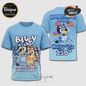 Bluey tee! Light blue shirt, cartoon style, text says 'Bluey,' 'America's 250th Anniversary,' 'Home Sweet Home,' 'Happy USA 250th'.!