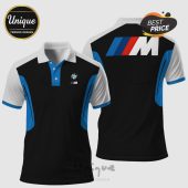 Black polo shirt with white sleeves and blue accents featuring BMW logo and 'M' design!