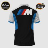 Black polo shirt with blue, red, and white BMW M logo design!