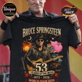Black Bruce Springsteen tee: moon, eagle, Boss guitar, vintage tour art, 53 Years, 1973-2026, World Tour 2026!