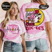 Pink tie-dye tee with 'Hope for a Cure Buc-ee's' design! Breast Cancer Awareness support gear!