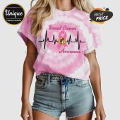 Pink tie-dye tee with 'Breast Cancer Awareness' text, ribbon, EKG line art, Tampa Bay Bucs logo!