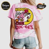 Pink tie-dye tee with 'Hope for a Cure', flowers, ribbon, Buc-ee's logo, and text 'BUC-EE'S'!