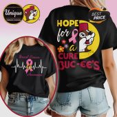 Black tee with pink ribbon, Buc-ee's beaver graphic, and text: Hope for a Cure, Breast Cancer Awareness. Support the cause!