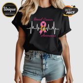 Black tee shows pink Breast Cancer Awareness ribbon and heartbeat. Text: Breast Cancer Awareness!