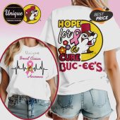 White tee: 'Hope for a Cure' text, Buc-ee's beaver, pink Breast Cancer ribbon. Front design shows heart monitor and text.!