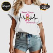 White tee with Breast Cancer Awareness heartbeat design, pink ribbon, & Bucky Badger logo!