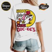 White tee: Hope for a Cure Buc-ee's text with beaver graphic and pink ribbon. Multi-color flower art!