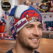 Red, white and blue patriotic beanie with cartoon beaver, text '250' and 'Freedom'.!