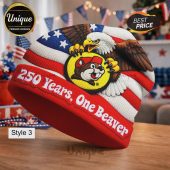 Red, white & blue beanie with flag, eagle & beaver design. Text: 250 Years, One Beaver!