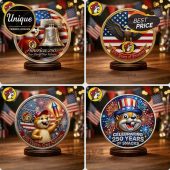 Patriotic coin set. America 250. Bald eagle. Beaver character. Celebrating 250 years of snacks. Stars, stripes, red, white and blue!