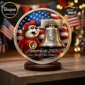 Coin art: red, white, blue, cartoon beaver, Liberty Bell, text America 250: Our Story Our Future!