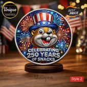 Coin art featuring a cartoon gopher with a patriotic hat & fireworks design! Reads: Celebrating 250 Years of Snacks!