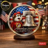America 250: Our Story. Our Future coin with Buc-ee Beaver and Liberty Bell on US flag background, patriotic design!