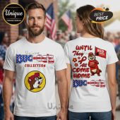 White tees! Front: 'Buc-ee's Collection', cartoon beaver. Back: 'Until they all come home', beaver holding Red Friday flag!