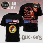 Black tee with Buc-ee's beaver, American flag letters, 'Until They All Come Home' graphic. Red Friday design!