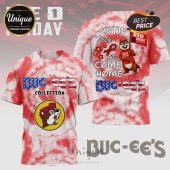 Red white tie dye tee with Buc-ee's & Red Friday designs. 'Until They All Come Home' text shown!