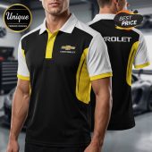 Chevrolet Polo Shirt: Black with white sleeves and collar, yellow accents, and Chevrolet logo on the chest and back.!