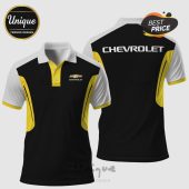 Chevrolet polo shirt featuring black, yellow, and white color scheme, Chevrolet logo on the front and back.!