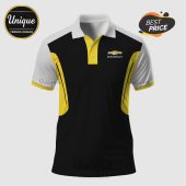 Chevrolet polo shirt with black, white, and yellow color blocking, plus the Chevrolet logo on the chest.!