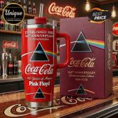 Red Coca-Cola mug featuring Pink Floyd's Dark Side prism, text: Established 1886, 140th Anniversary Commemorative!